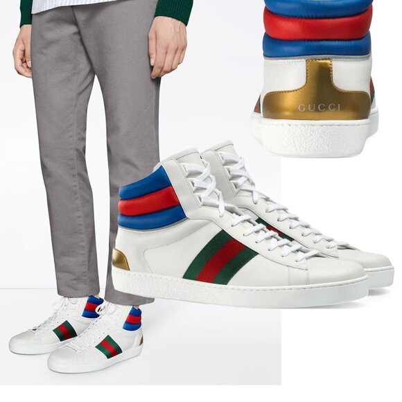 GUCCI SNEAKERS MENS ACE HIGH TOP WHITE LEATHER WEB STRIPE SHOES sz 10G 10.5 - Picture 1 of 12